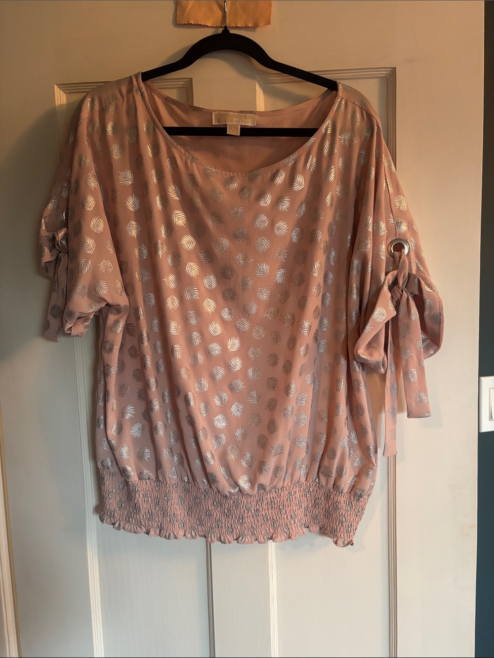 Michael Kors Blush Pink Metallic Dot Tie-Sleeve Blouse